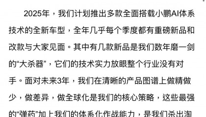 何小鹏发内部信，称价格战甚至会从2025年1月开始点燃