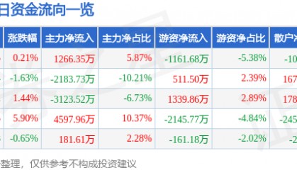 股票行情快报：华安证券（600909）5月6日主力资金净买入1266.35万元