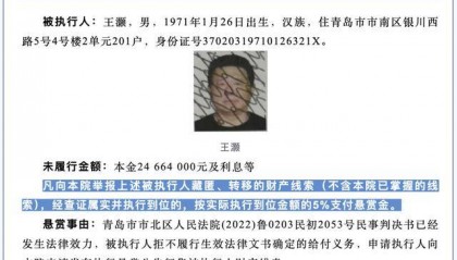 前国奥球员王灏被悬赏！涉案金额近7000万元