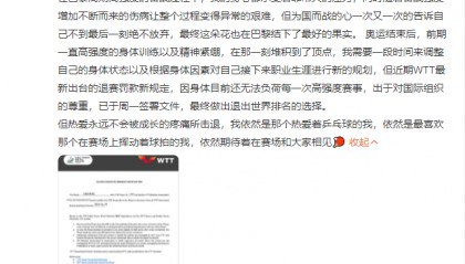 陈梦、樊振东发文：退出WTT世界排名