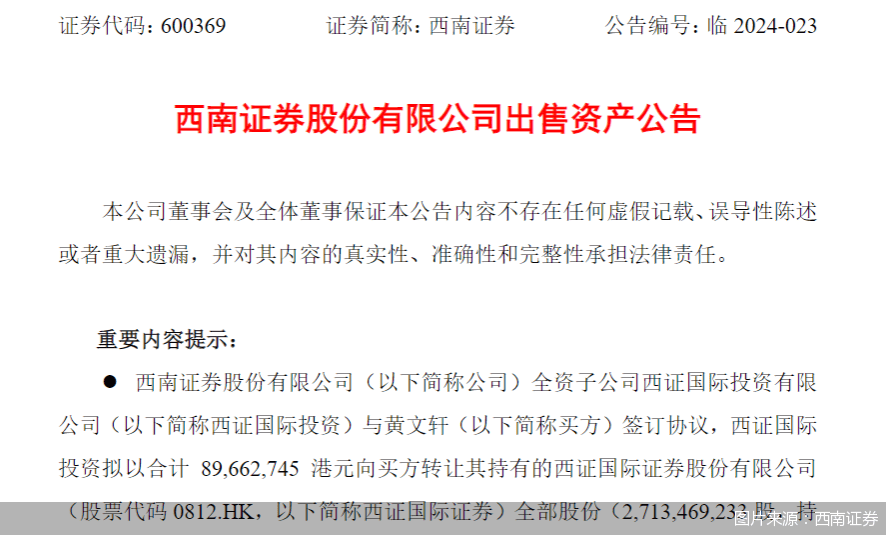 西南证券：子公司拟转让所持西证国际证券全部27.13亿股股份及永续证券