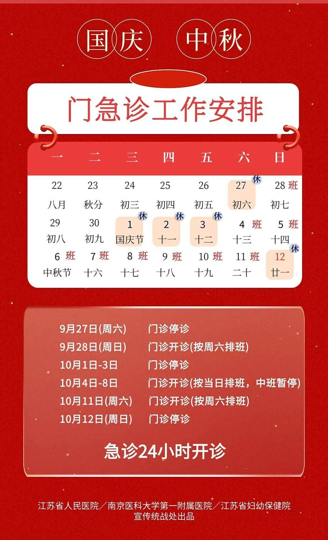 转需!南京部分医院国庆、中秋节期间门急诊安排!